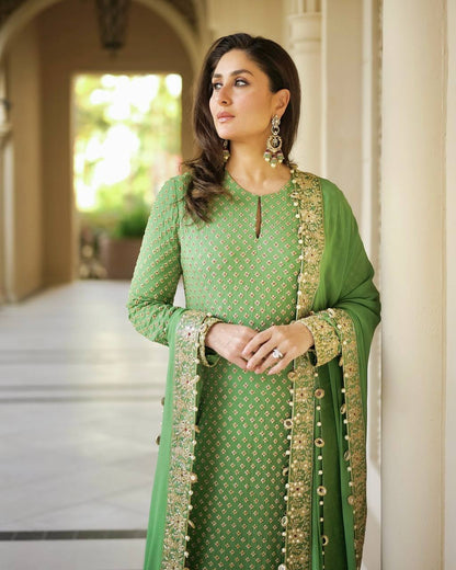 ROYAL OFF GREEN 3 PIECE FANCY KURTI WITH BEAUTIFUL BOTTOM AND DUPATTA