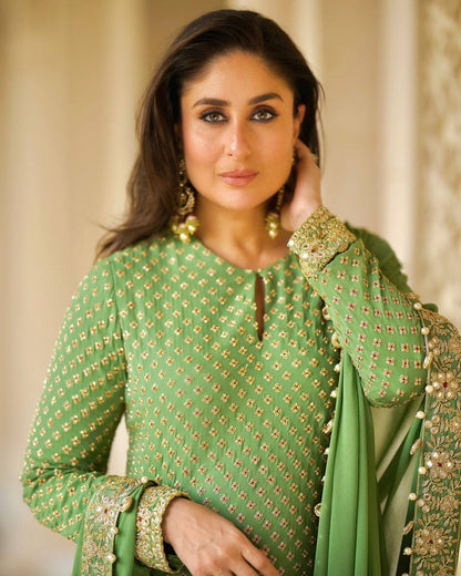 ROYAL OFF GREEN 3 PIECE FANCY KURTI WITH BEAUTIFUL BOTTOM AND DUPATTA