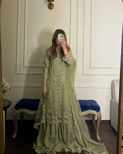 Heavy Faux Georgette With Heavy Embroidery  Sequence Work With Rivet Moti Work With Sleeves