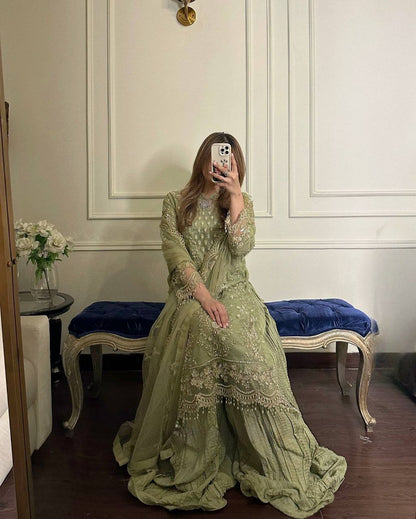 Heavy Faux Georgette With Heavy Embroidery  Sequence Work With Rivet Moti Work With Sleeves