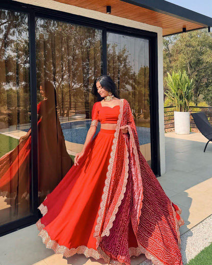 Radiant Coral Lahenga Set With Traditional printed Duppata