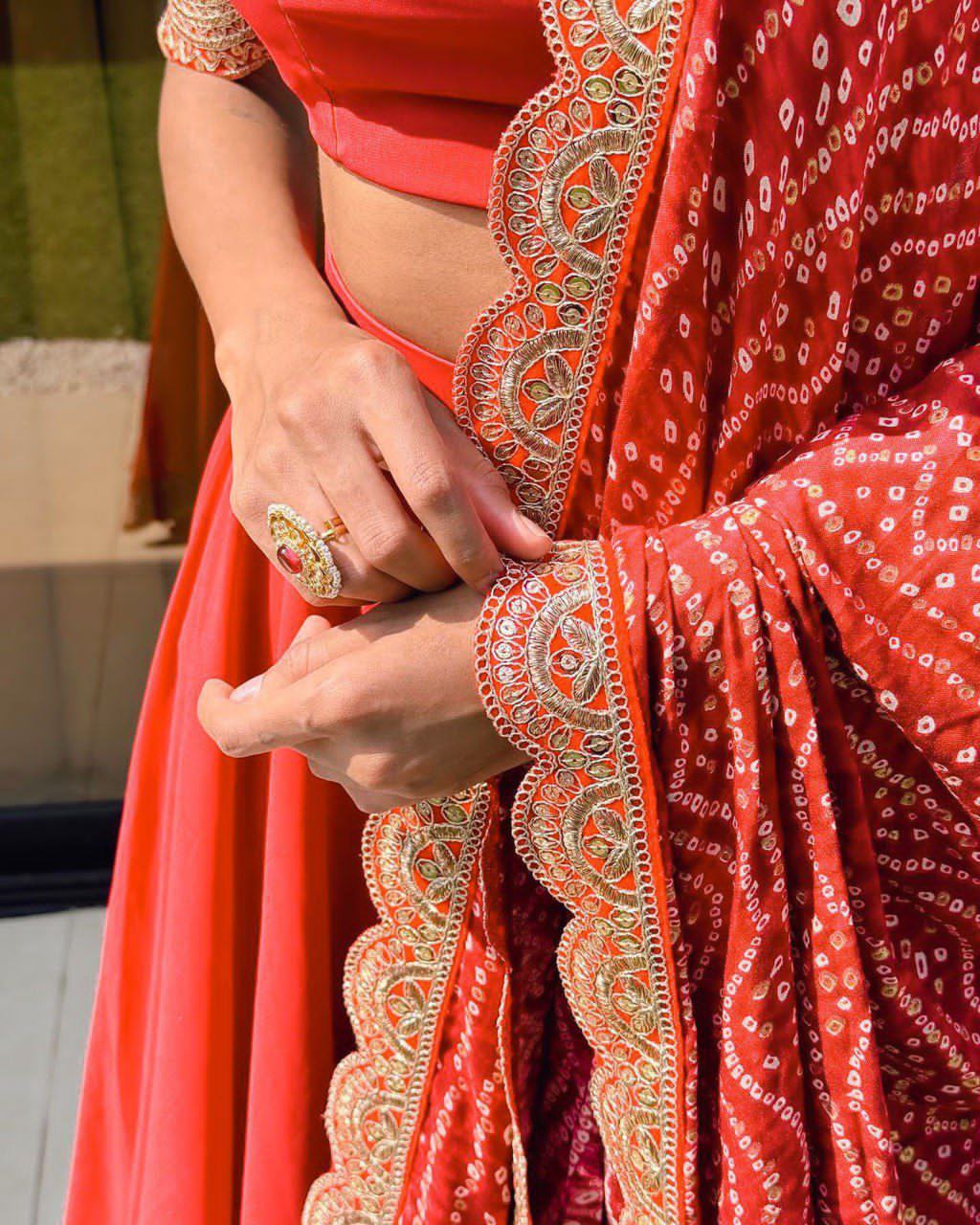 Radiant Coral Lahenga Set With Traditional printed Duppata