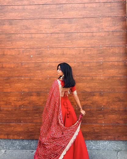 Radiant Coral Lahenga Set With Traditional printed Duppata