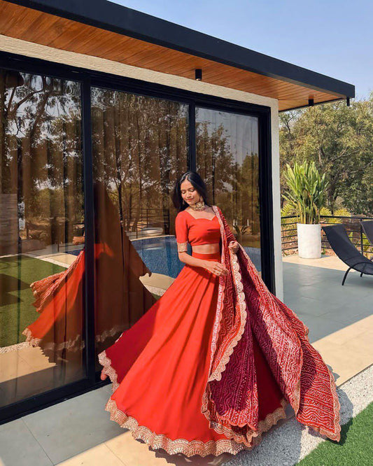 Radiant Coral Lahenga Set With Traditional printed Duppata