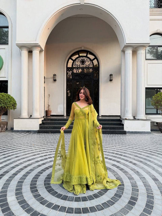 Designer Olive Green Butterfly Net Lehenga with Kediya Style Shrug