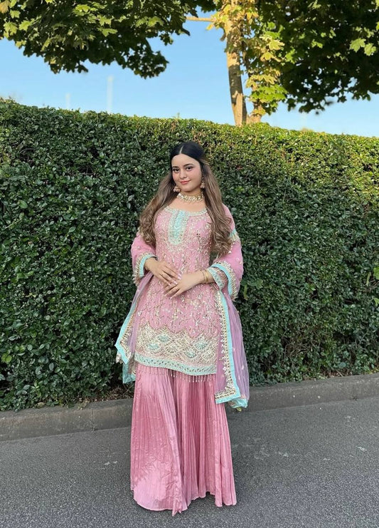 ROYAL PINK 3 PIECE FANCY KURTI WITH BEAUTIFUL CRUSHED PLAZZO AND DUPATTA*&nbsp;