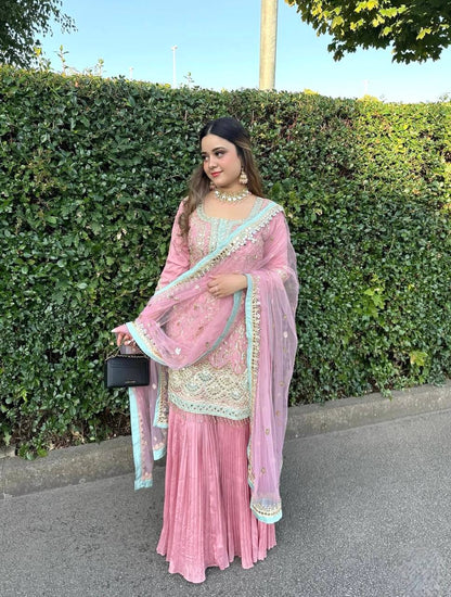 ROYAL PINK 3 PIECE FANCY KURTI WITH BEAUTIFUL CRUSHED PLAZZO AND DUPATTA*&nbsp;
