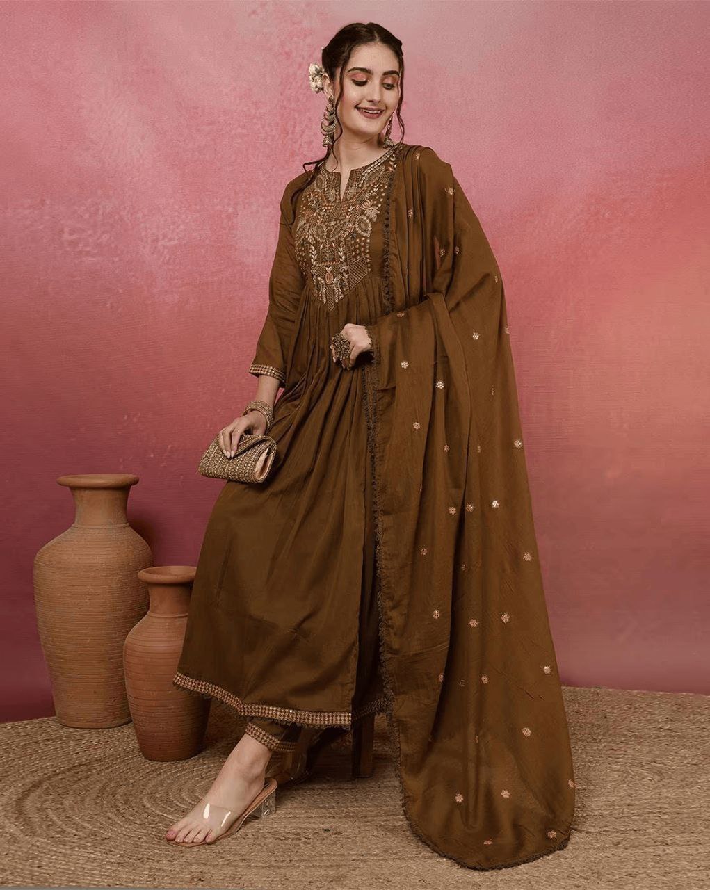 BROWN COLOUR HEAVY VISCOSE CHANDERI EMBROIDERY WORK KURTI SET