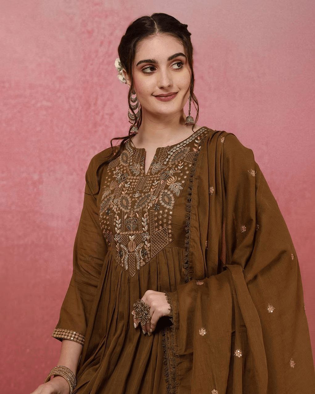 BROWN COLOUR HEAVY VISCOSE CHANDERI EMBROIDERY WORK KURTI SET