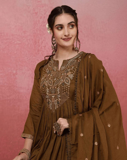 BROWN COLOUR HEAVY VISCOSE CHANDERI EMBROIDERY WORK KURTI SET