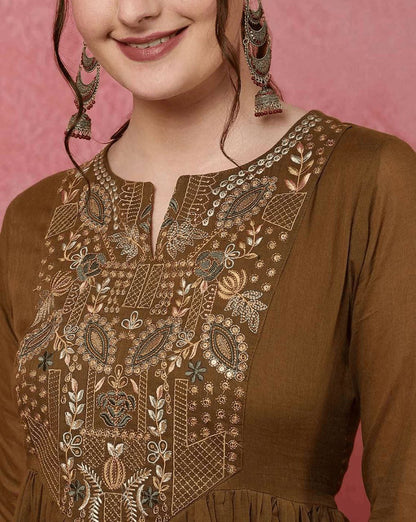 BROWN COLOUR HEAVY VISCOSE CHANDERI EMBROIDERY WORK KURTI SET