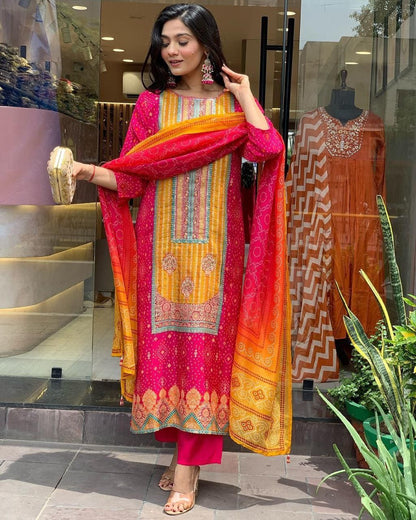 Multicoloured bandhni print with Stone work and Dupatta