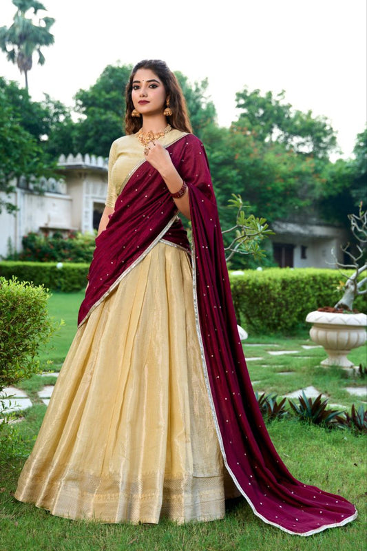 Cream Zari Woven Kanchipuram Lehenga Set