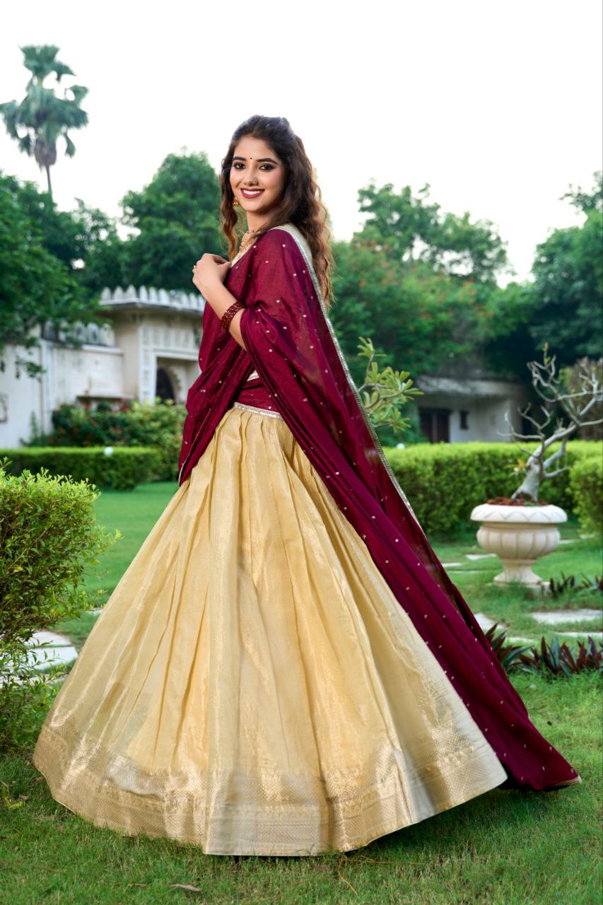 Cream Zari Woven Kanchipuram Lehenga Set