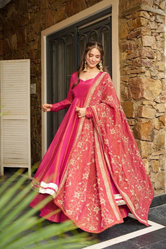 Elangance pink Pure Cosmos  Embroidery work Gown – Party Wear