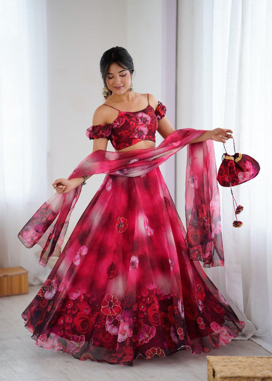 Floral Organza Lehenga Choli Set for Parties With Potli Bag and Zari Work Fully Stitched