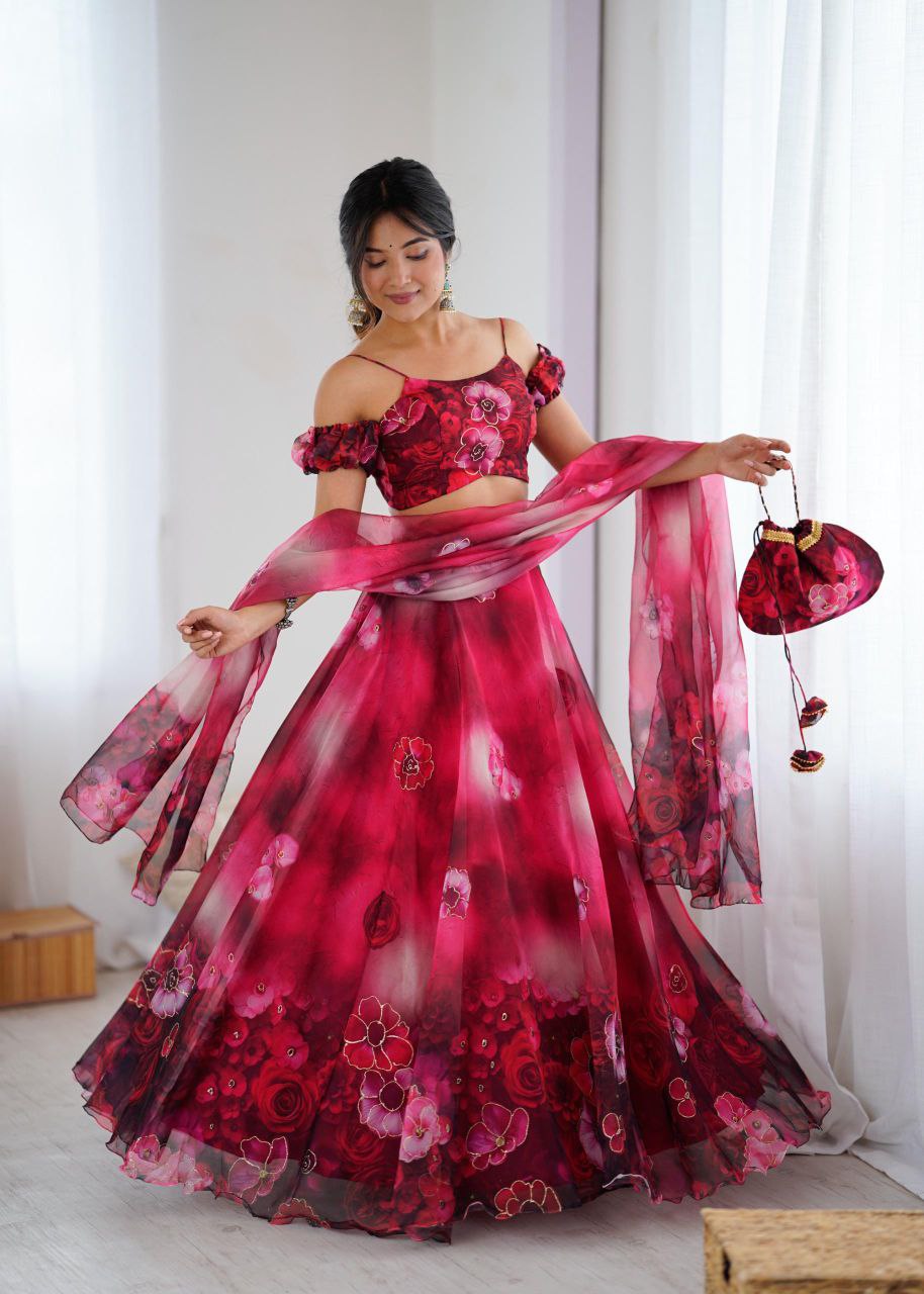 Floral Organza Lehenga Choli Set for Parties With Potli Bag and Zari Work Fully Stitched