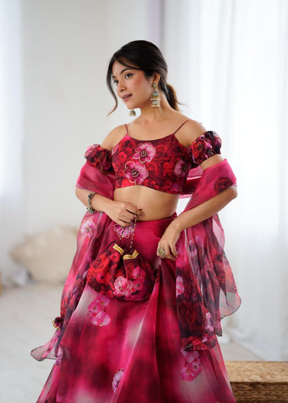 Floral Organza Lehenga Choli Set for Parties With Potli Bag and Zari Work Fully Stitched