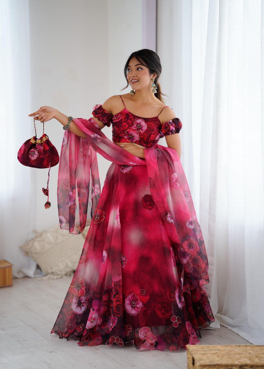 Floral Organza Lehenga Choli Set for Parties With Potli Bag and Zari Work Fully Stitched