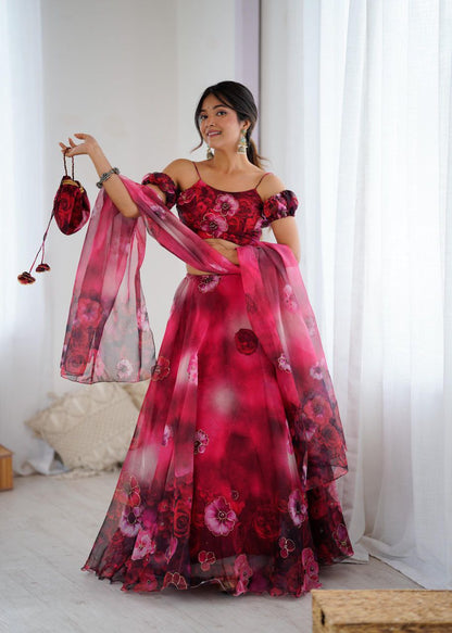 Floral Organza Lehenga Choli Set for Parties With Potli Bag and Zari Work Fully Stitched