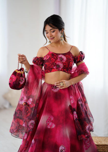 Floral Organza Lehenga Choli Set for Parties With Potli Bag and Zari Work Fully Stitched