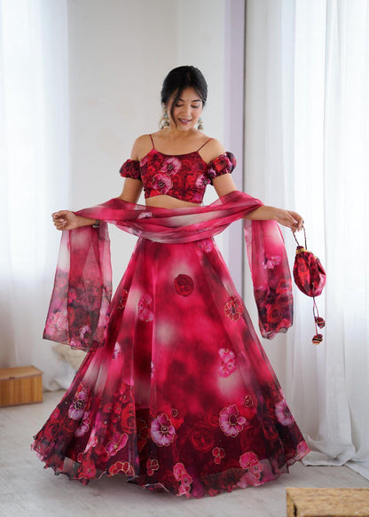 Floral Organza Lehenga Choli Set for Parties With Potli Bag and Zari Work Fully Stitched
