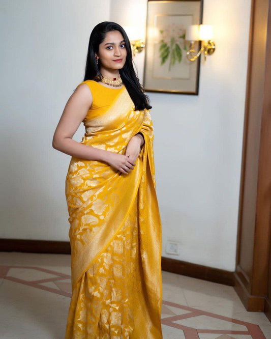 BEAUTIFUL YELLOW RICH PALLU JACQUARD WORK ON ALL OVER THE SAREE