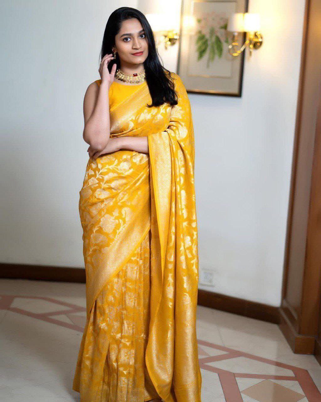BEAUTIFUL YELLOW RICH PALLU JACQUARD WORK ON ALL OVER THE SAREE