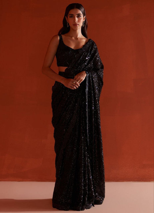 Black Faux Georgette Saree – Designer Embroidery with Sequin Finish