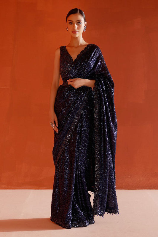 Modern Blue Saree with Intricate Sequins Work – Faux Georgette