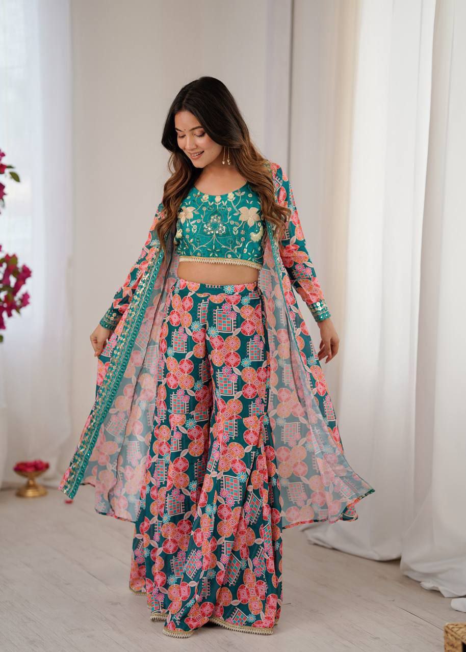 Heavy Muslin With Beautiful&nbsp; Digital Print With Embroidery  Sequence Work With Full Sleeves