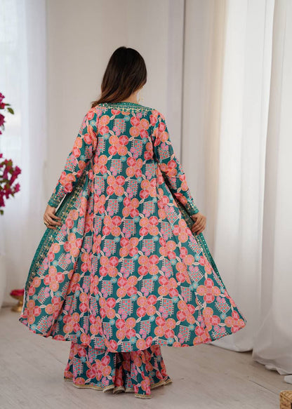 Heavy Muslin With Beautiful&nbsp; Digital Print With Embroidery  Sequence Work With Full Sleeves