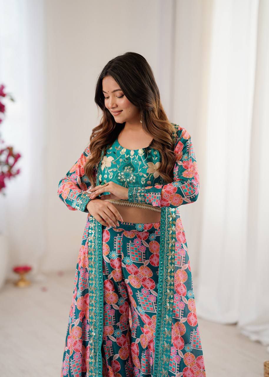 Heavy Muslin With Beautiful&nbsp; Digital Print With Embroidery  Sequence Work With Full Sleeves