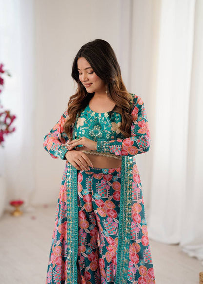 Heavy Muslin With Beautiful&nbsp; Digital Print With Embroidery  Sequence Work With Full Sleeves