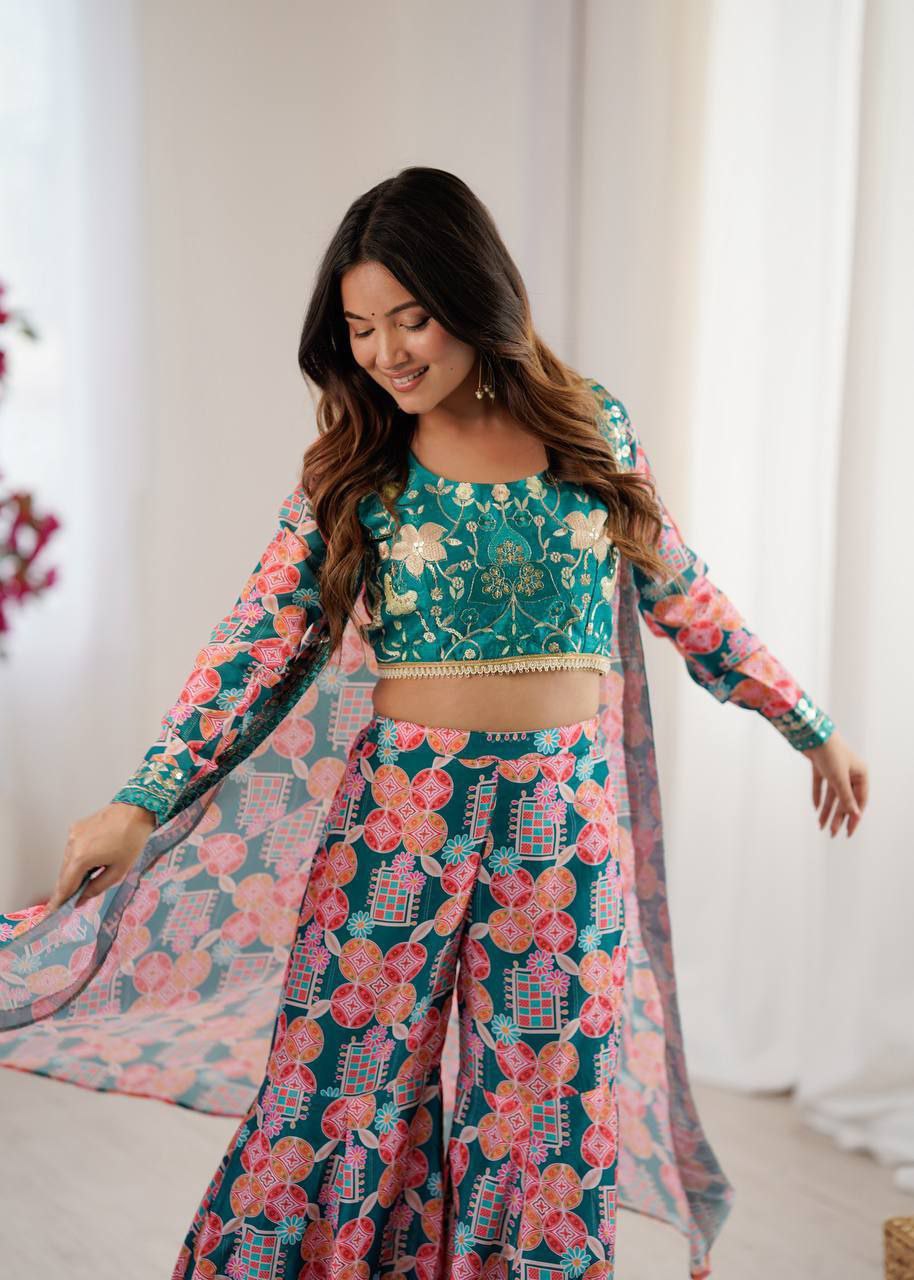 Heavy Muslin With Beautiful&nbsp; Digital Print With Embroidery  Sequence Work With Full Sleeves