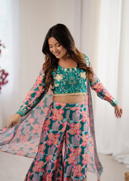 Heavy Muslin With Beautiful&nbsp; Digital Print With Embroidery  Sequence Work With Full Sleeves