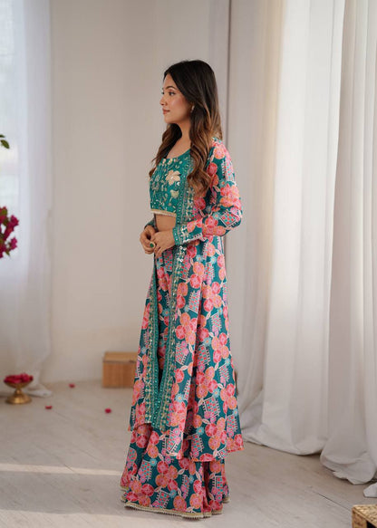 Heavy Muslin With Beautiful&nbsp; Digital Print With Embroidery  Sequence Work With Full Sleeves