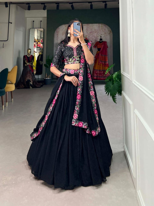 Elagance Black Plain Georgette Trendy Lehenga Choli