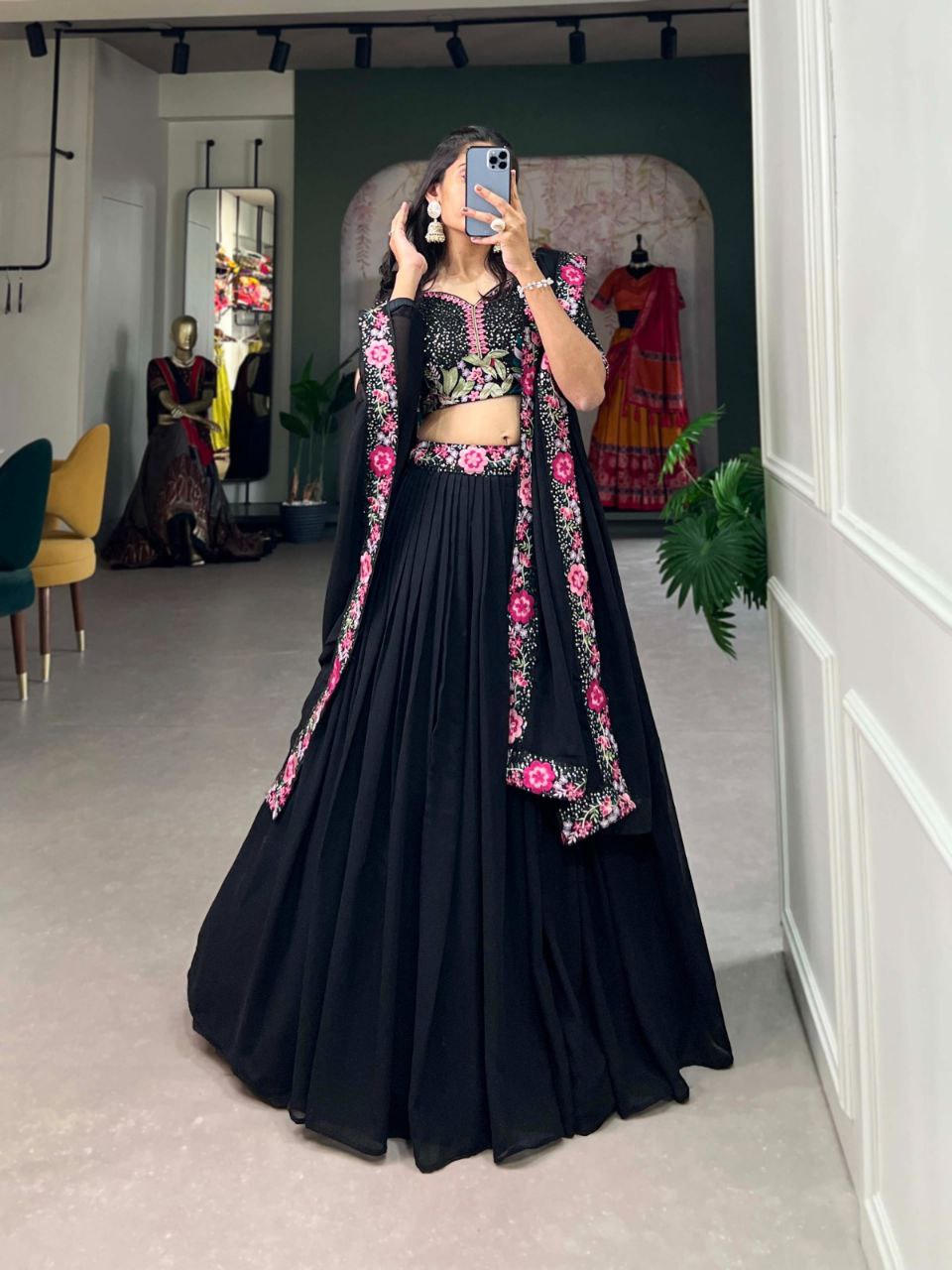 Elagance Black Plain Georgette Trendy Lehenga Choli
