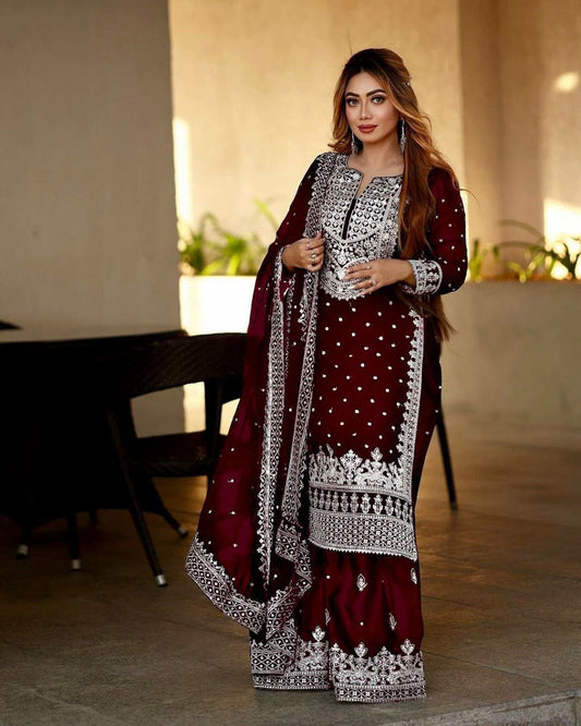 Royal Maroon-Heavy Embroidery Sequence Work Top-Gharara And Dupatta Set