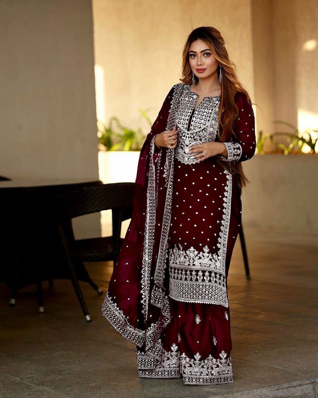 Royal Maroon-Heavy Embroidery Sequence Work Top-Gharara And Dupatta Set