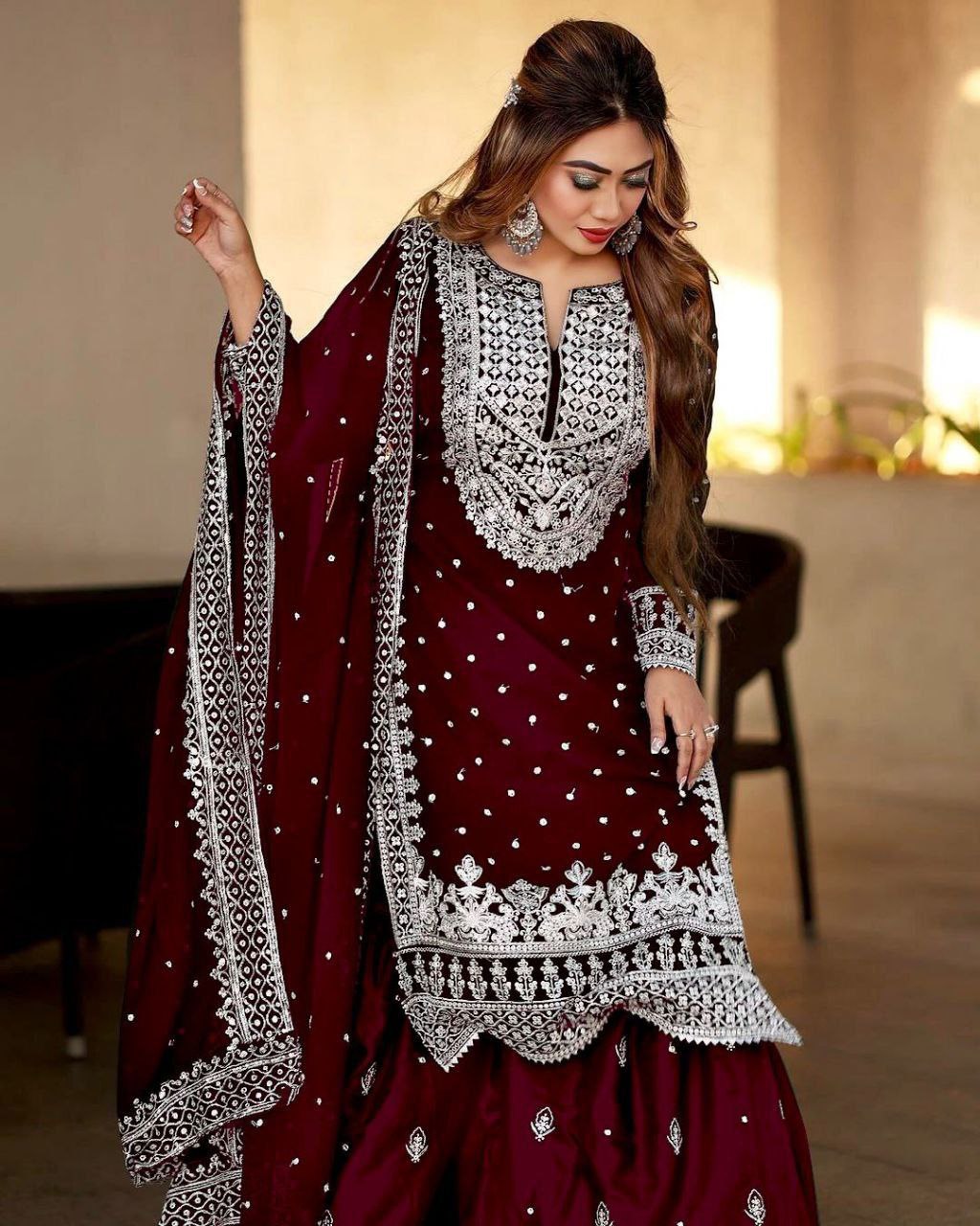 Royal Maroon-Heavy Embroidery Sequence Work Top-Gharara And Dupatta Set
