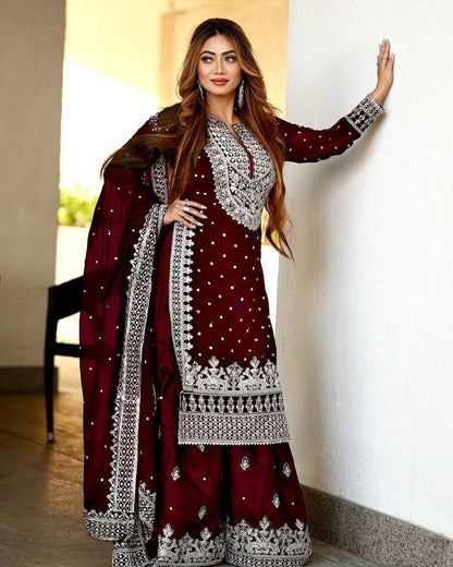 Royal Maroon-Heavy Embroidery Sequence Work Top-Gharara And Dupatta Set