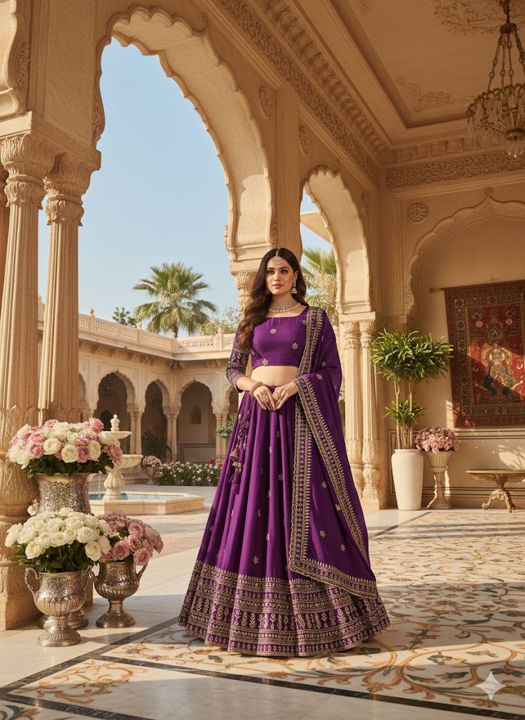 Purple Art Chinon Silk Embroidered and Zari Work Lehenga Choli for Women