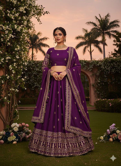 Purple Art Chinon Silk Embroidered and Zari Work Lehenga Choli for Women