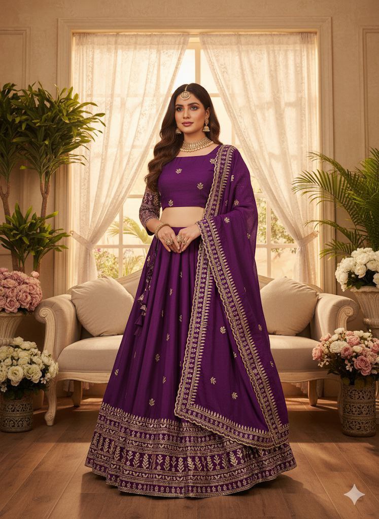 Purple Art Chinon Silk Embroidered and Zari Work Lehenga Choli for Women