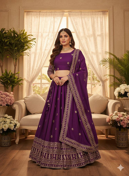 Purple Art Chinon Silk Embroidered and Zari Work Lehenga Choli for Women