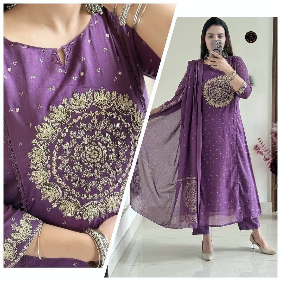 Elegance purple pure Malmal Cotton Anarkali kurta set