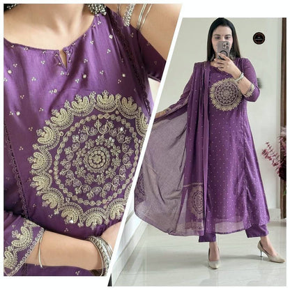 Elegance purple pure Malmal Cotton Anarkali kurta set
