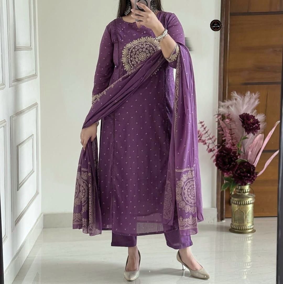 Elegance purple pure Malmal Cotton Anarkali kurta set